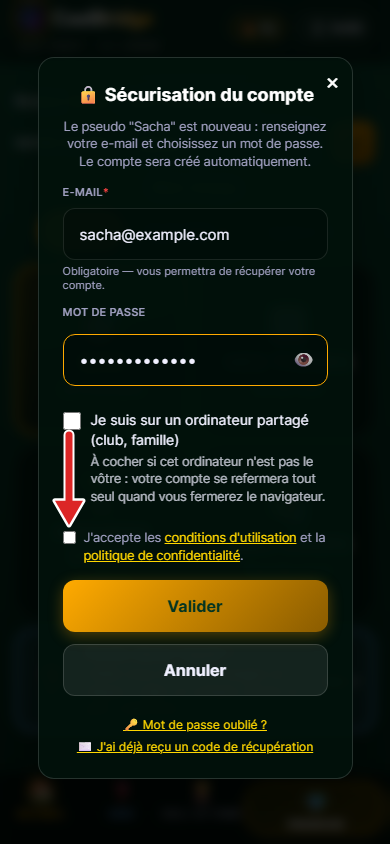 Fenêtre de création de compte, e-mail et mot de passe saisis, flèche sur la case des conditions d'utilisation
