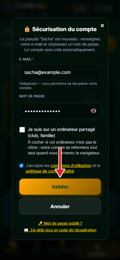 Fenêtre de création de compte, case cochée, flèche sur le bouton Valider