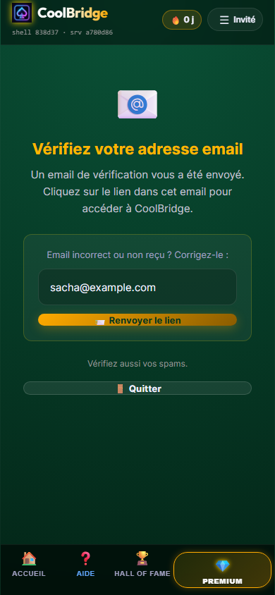 Écran Vérifiez votre adresse email, juste après la création, adresse pré-remplie
