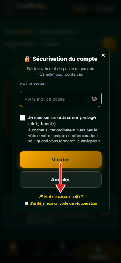 Fenêtre Sécurisation du compte, flèche sur le lien Mot de passe oublié