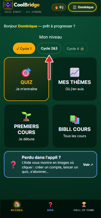 Accueil de l'appli, rangée Mon niveau, flèche sur Cycle 2&3
