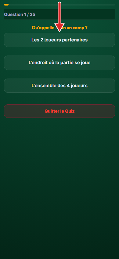 Première question du quiz Vocabulaire, flèche sur une réponse
