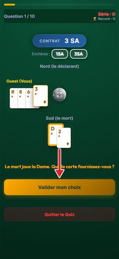 Écran de question, carte choisie, flèche sur Valider mon choix
