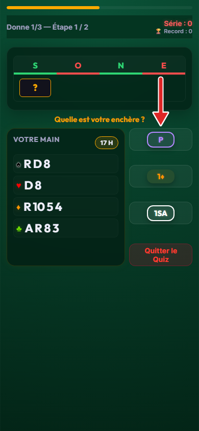 Écran de quiz, propositions d'enchères affichées, flèche sur la première