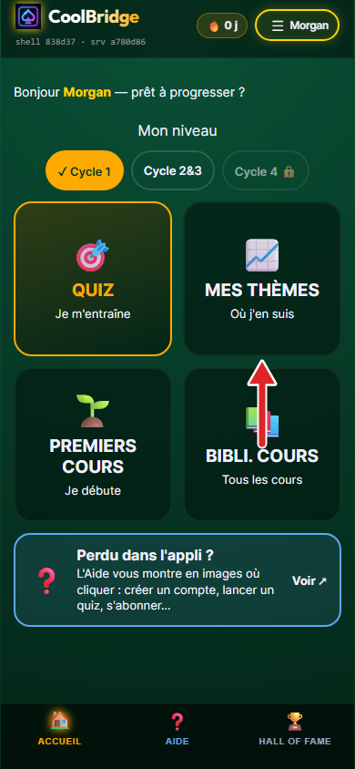 Accueil, flèche sur la tuile Mes thèmes