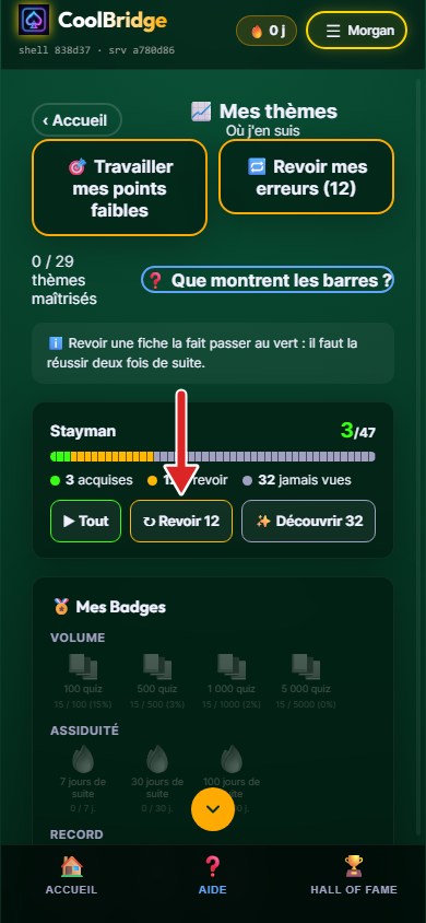 Carte d'un thème, flèche sur son bouton Revoir
