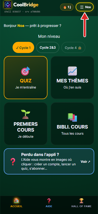 Accueil de l'appli, flèche sur le pseudo qui ouvre le menu