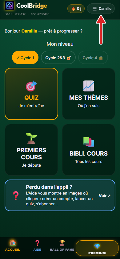 Accueil de l'appli, flèche sur le menu en haut à droite