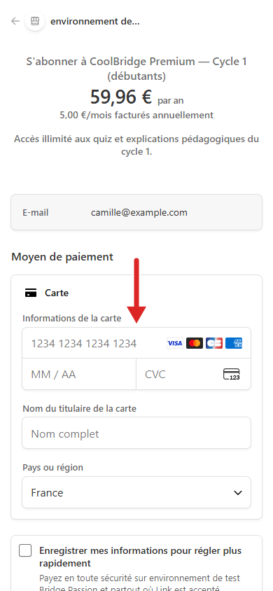 Page de paiement sécurisée, flèche sur le numéro de carte
